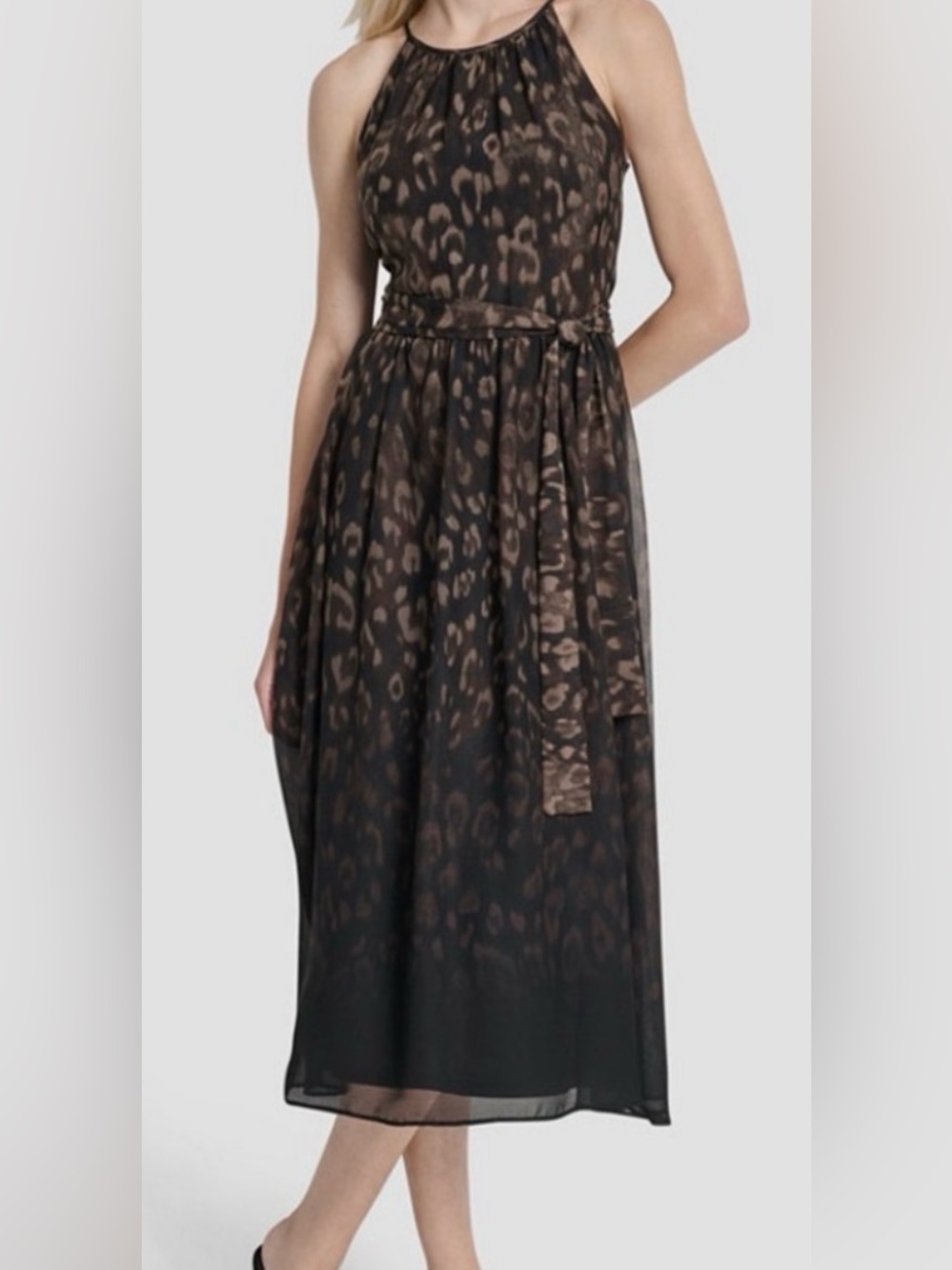 Dkny Brown Printed Sleeveless Maxi Dress with Belt